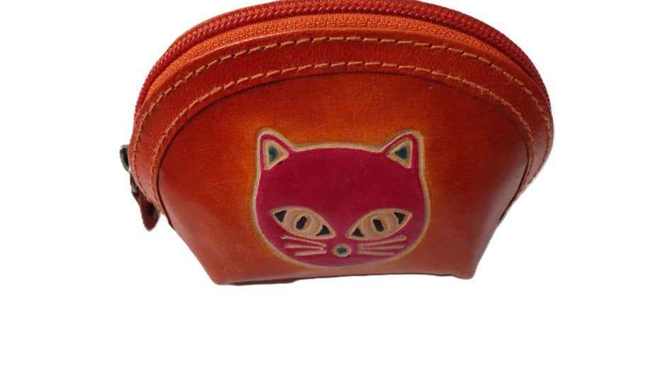 Porte monnaies en cuir - Motif chat